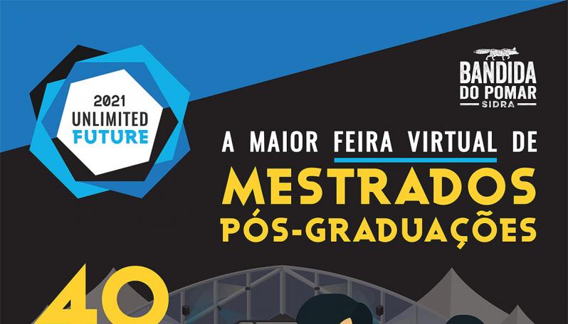 Cartaz com ilustração de uma maquete de uma feira de fundo com um casal em destaque e o texto: A maior feira virtual de Mestrados e pós-graduações