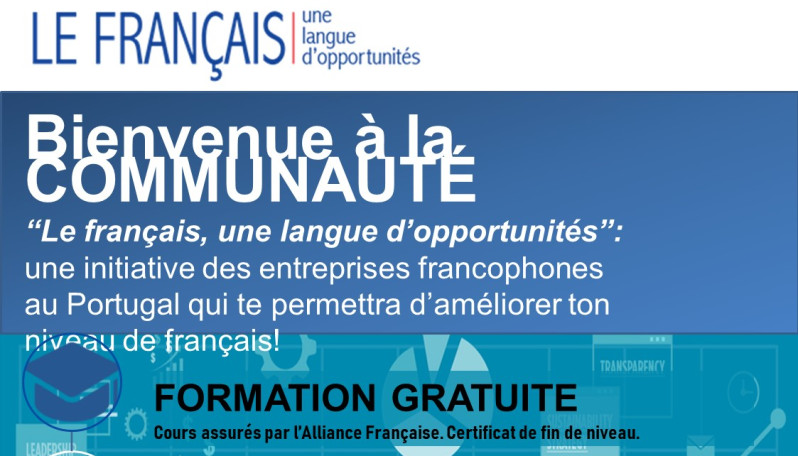 Cartaz com fundo azul e com texto "Bienvenue à la Communaute" e com rodapé de fundo branco com os logotipos do ISEL e outras empresas