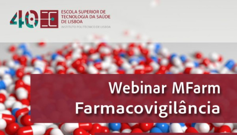 Imagem com cápsulas de medicamentos vermelhas, azuis e brancas com a frase: Webinar MCFarm Farmacovigilância