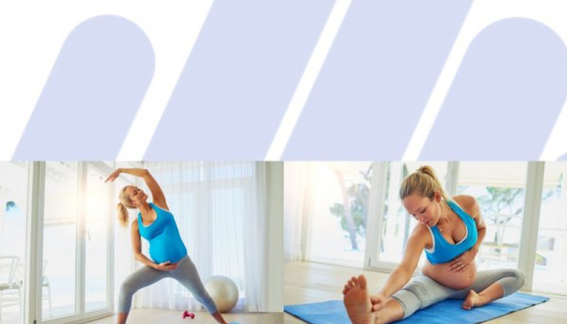 Imagem com o logotipo de fisioterapia no fundo e com duas fotografias lado a lado, de rapariga grávida a realizar exercício físico