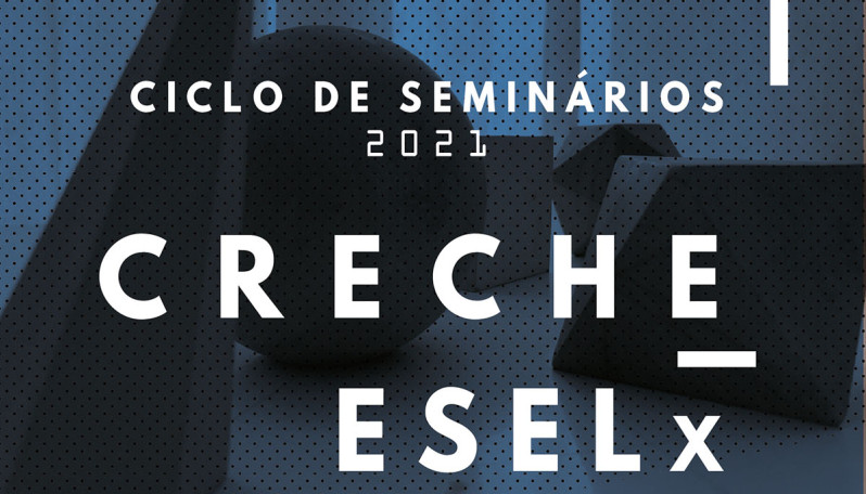 Cartaz com imagem abstrata e fundo azul com o texto seminario Creche eselx