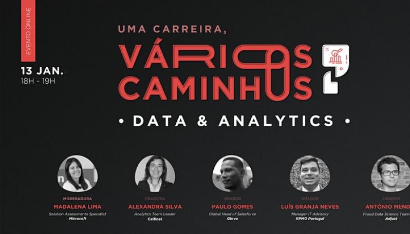 Imagem de fundo preto com o texto: Vários caminhos - data & analytics, com a fotografia dos 5 oradores: Madalena Lima; Alexandra Silva; Luis Neves e António Mendes
