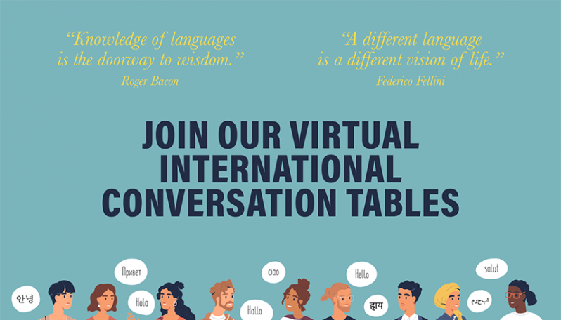 Imagem dividida com duas cores, azul claro em cima e salmão em baixo, com a ilustração de 9 estudantes e a frase: join our virtual international conversation tables