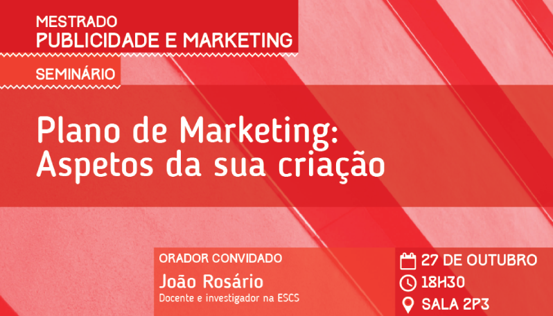 imagem de fundo vermelho com o texto: seminário Plano de MKT aspetos da sua criação