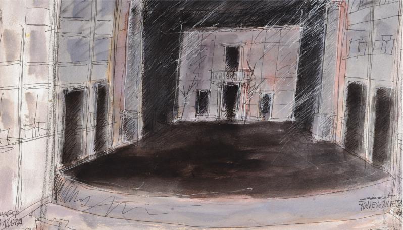 Imagem de pintura de um cenário onde se vê um palco redondo, cercado por três edíficios. Tudo em tons cinzas e preto