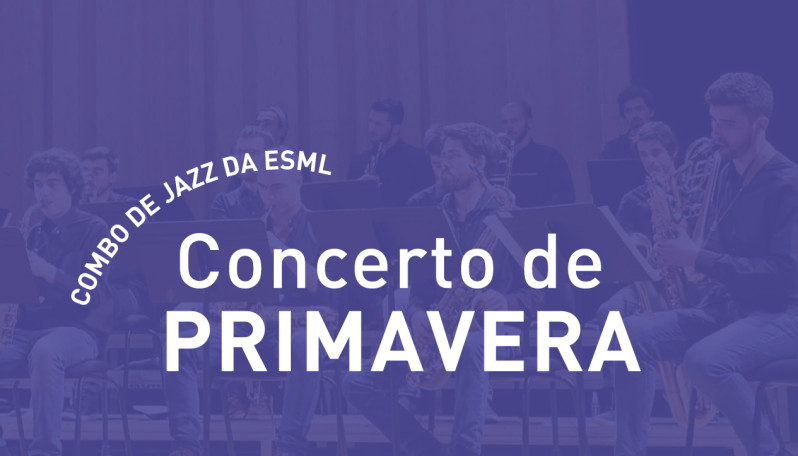 fotografia de músicos a tocar saxofone com filtro roxo e com o texto "Concerto de Primavera" a branco