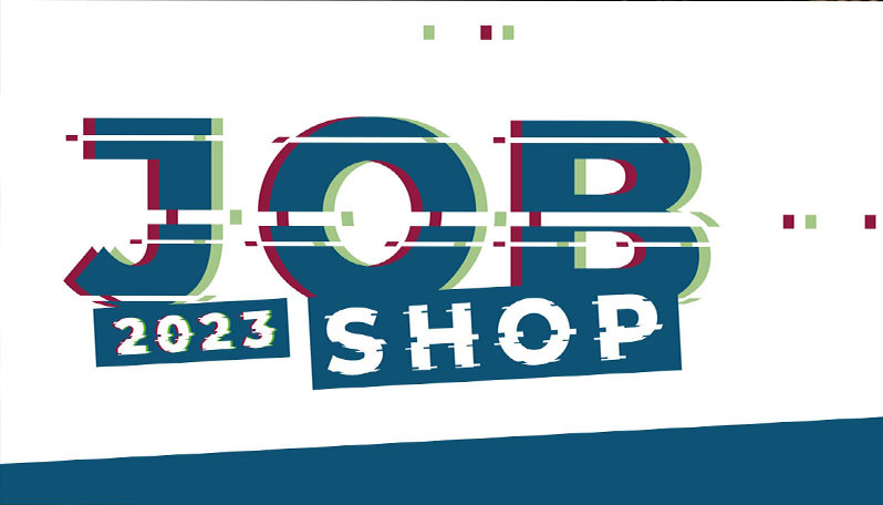 Fundo branco com lettering azul "Jobshop 2023"