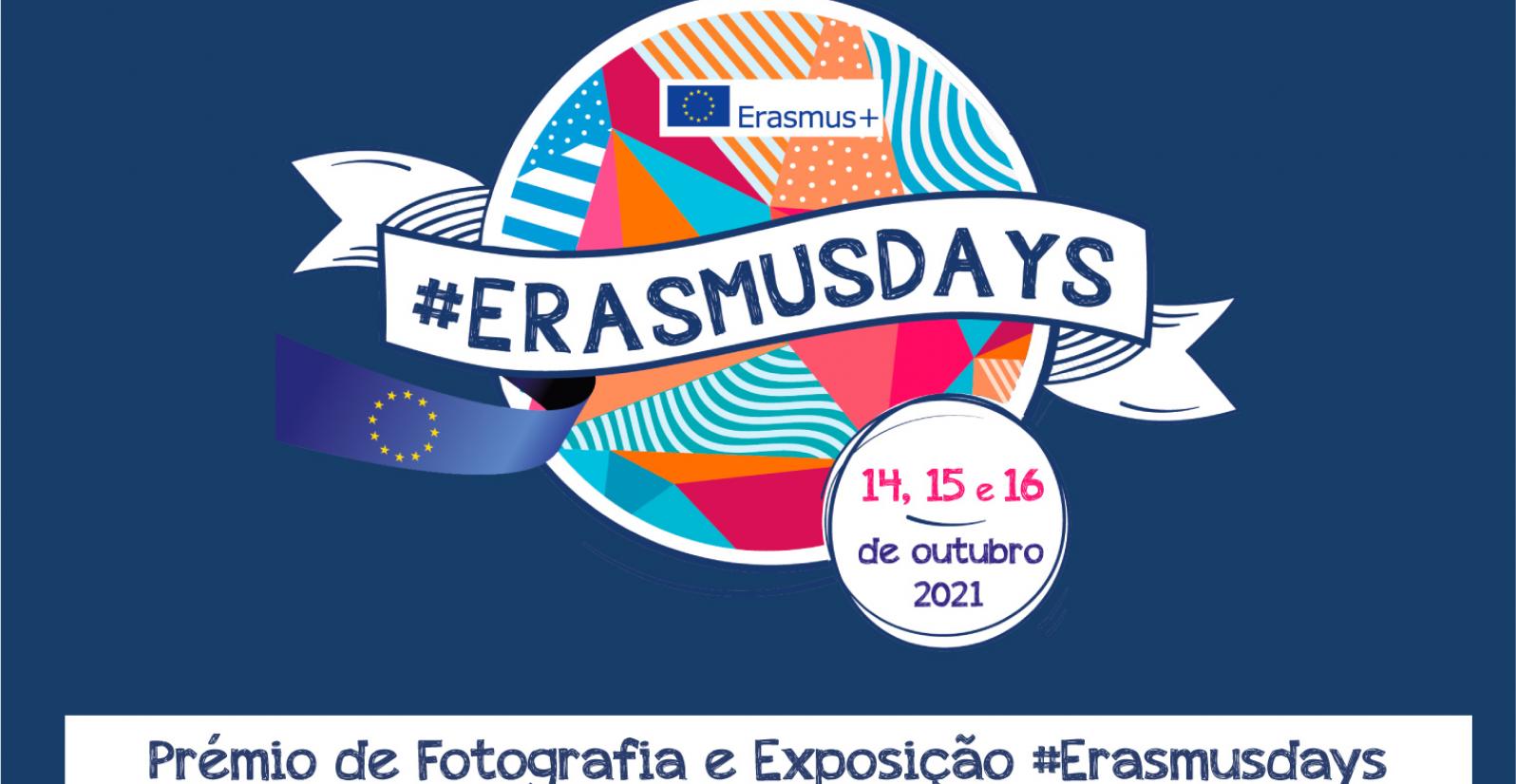 Imagem com o logotipo "ErasmusDays" onde é possível ver vários padrões coloridos e uma bandeira da Europa. Frase: Prémio de fotografia e exposição erasmusdays