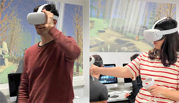 dois estudantes com óculos de realidade virtual