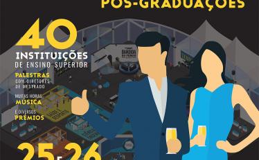 Cartaz com ilustração de uma maquete de uma feira de fundo com um casal em destaque e o texto: A maior feira virtual de Mestrados e pós-graduações