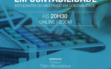 cartaz com imagem de uma mão sob uma calculadora com filtro azul com o texto: II Ciclo de seminários sobre investigação em contabilidade