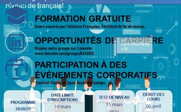 Cartaz com fundo azul e com texto "Bienvenue à la Communaute" e com rodapé de fundo branco com os logotipos do ISEL e outras empresas