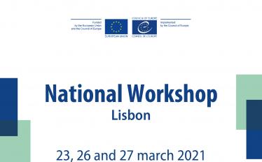 cartaz de fundo branco com texto azul National Workshop Lisbon