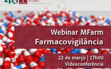 Imagem com cápsulas de medicamentos vermelhas, azuis e brancas com a frase: Webinar MCFarm Farmacovigilância