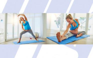 Imagem com o logotipo de fisioterapia no fundo e com duas fotografias lado a lado, de rapariga grávida a realizar exercício físico