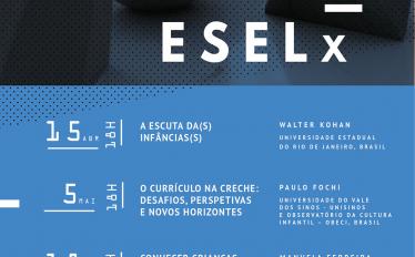 Cartaz com imagem abstrata e fundo azul com o texto seminario Creche eselx