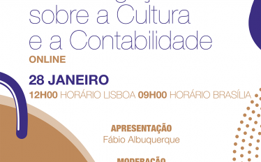 Imagem com elementos abstratos decorativos nos cantos inferior esquerdo e superior direito com as cores roxas e laranja, com o texto: Seminário A investigação sobre a cultura e a contabilidade