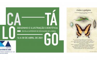 Imagem com fundo verde com frase "Exposição de desenho e ilustração científica", Escola Superior de Educação de Lisboa. Do lado direito da imagem tem uma borboleta e a sua metamorfose ilustrada.