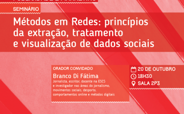 imagem abstracta em tons vermelhos com o texto: Métodos em redes: princípios da extração, tratamneto e visualização de dados sociais