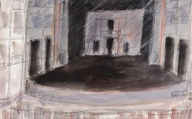 Imagem de pintura de um cenário onde se vê um palco redondo, cercado por três edíficios. Tudo em tons cinzas e preto