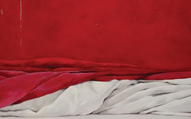 imagem de uma pintura de Helena Nunes onde a tela é preenchida por dois lençóis, um vermelho e outro branco embrulhados um no outro