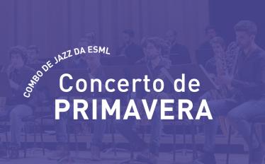 fotografia de músicos a tocar saxofone com filtro roxo e com o texto "Concerto de Primavera" a branco